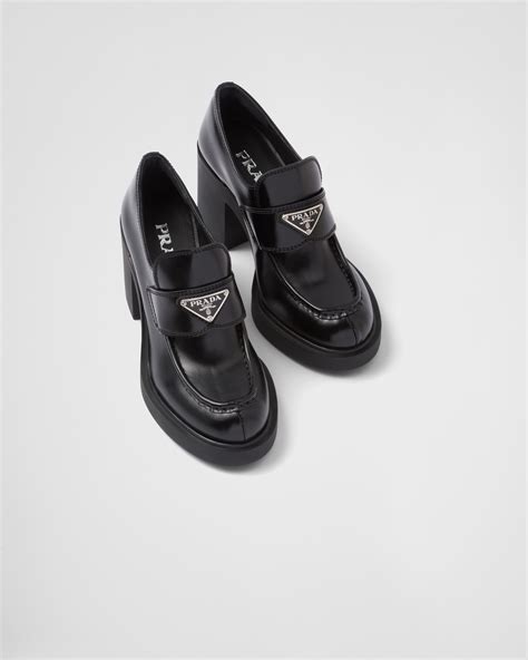 prada chocolate high-heeled brushed leather loafers|are prada loafers comfortable.